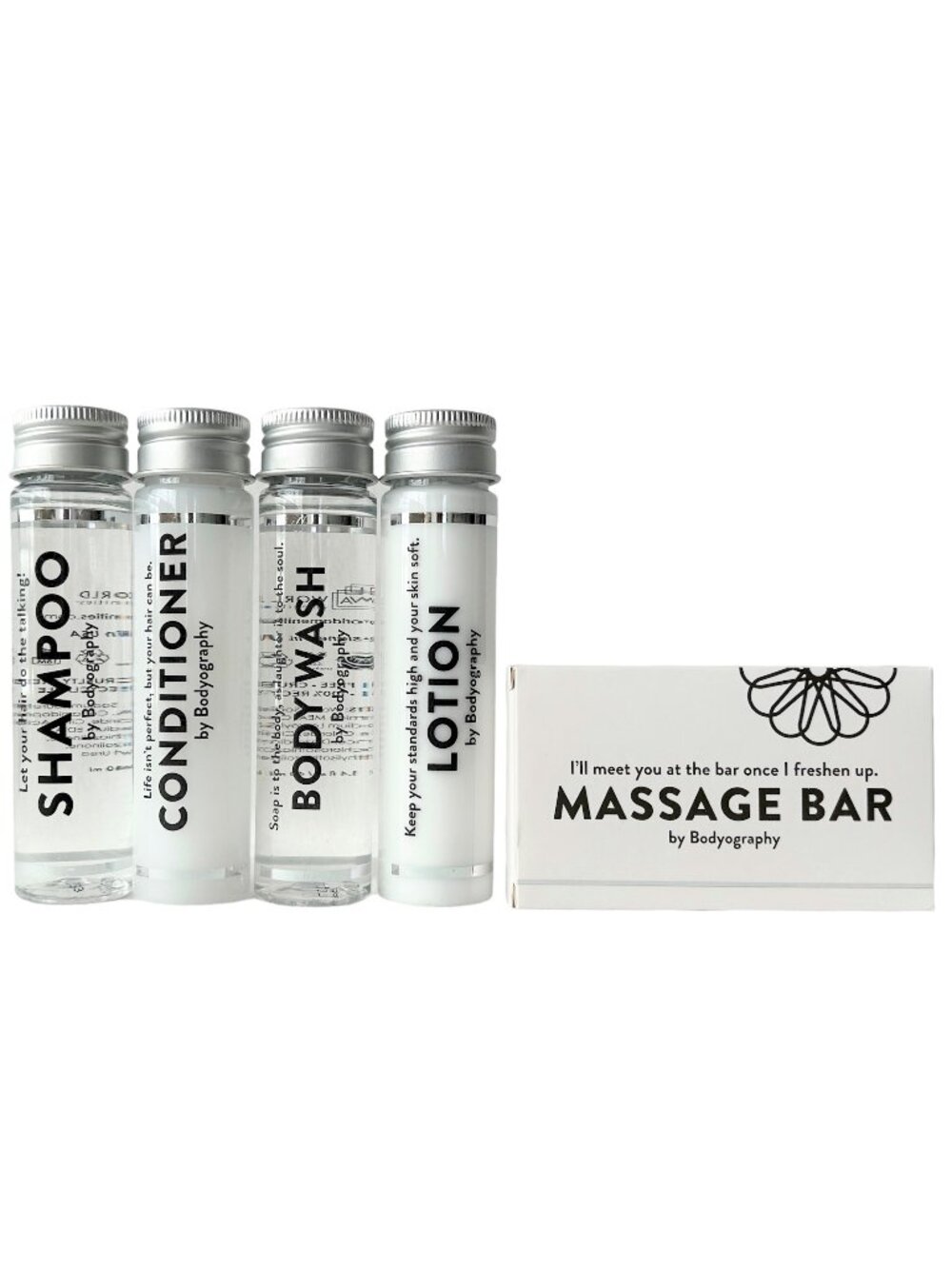 NEW! 5 Pc BODYOGRAPHY Toiletries Travel Set Shampoo Conditioner Lotion Wash Soap